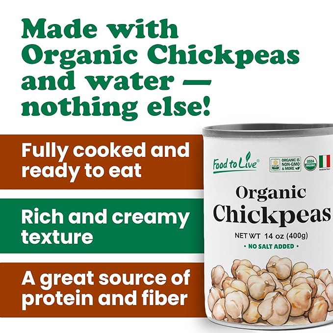 Food to Live Organic Canned Chickpeas, 14 oz (Pack of 12) - Unsalted Non-GMO Garbanzo Beans. Vegan. USDA Certified Organic. Good Source of Fiber and Protein. Wholesale. Made in Italy