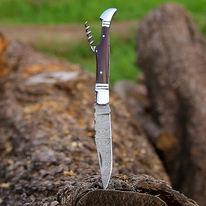 6.5 inch Damascus Pocket Knife with Sheath, Handmade Folding Pocket Knife for Men, Black-Red Wooden Handle with Brass Bolster, Secure Lock Back Camping Knife for EDC,Hunting,Hiking (Legual)