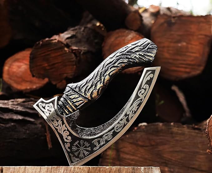 Viking Pizza Cutter Hand Forged Hatchet Mini Axe | Carbon Steel Slicer Chef Axe with Leather Sheath | Premium Pizza Oven Accessories for Camping, Hunting & Gifts for Men (Vk Pizza Axe)