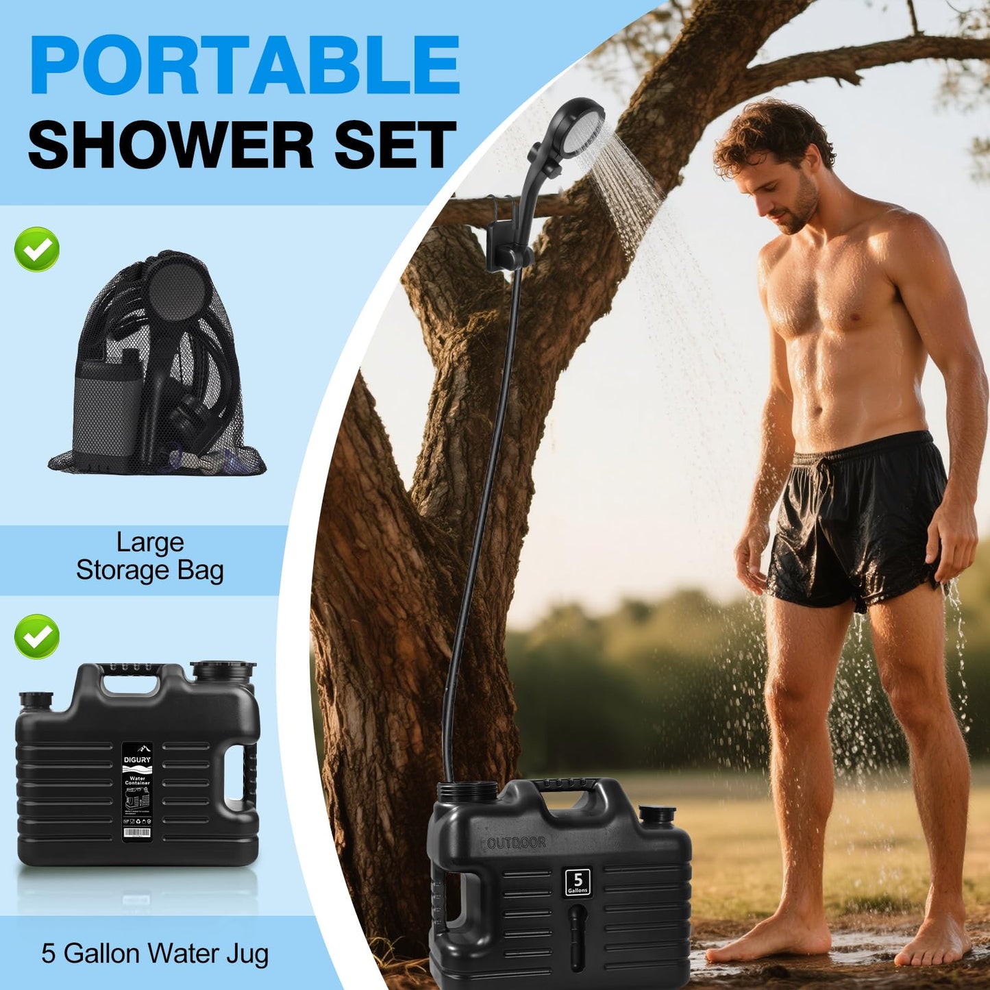 Portable Camping Shower with 5 Gallon Water Jug, 6000mAh Rechargeable Outdoor Camping Shower Kit