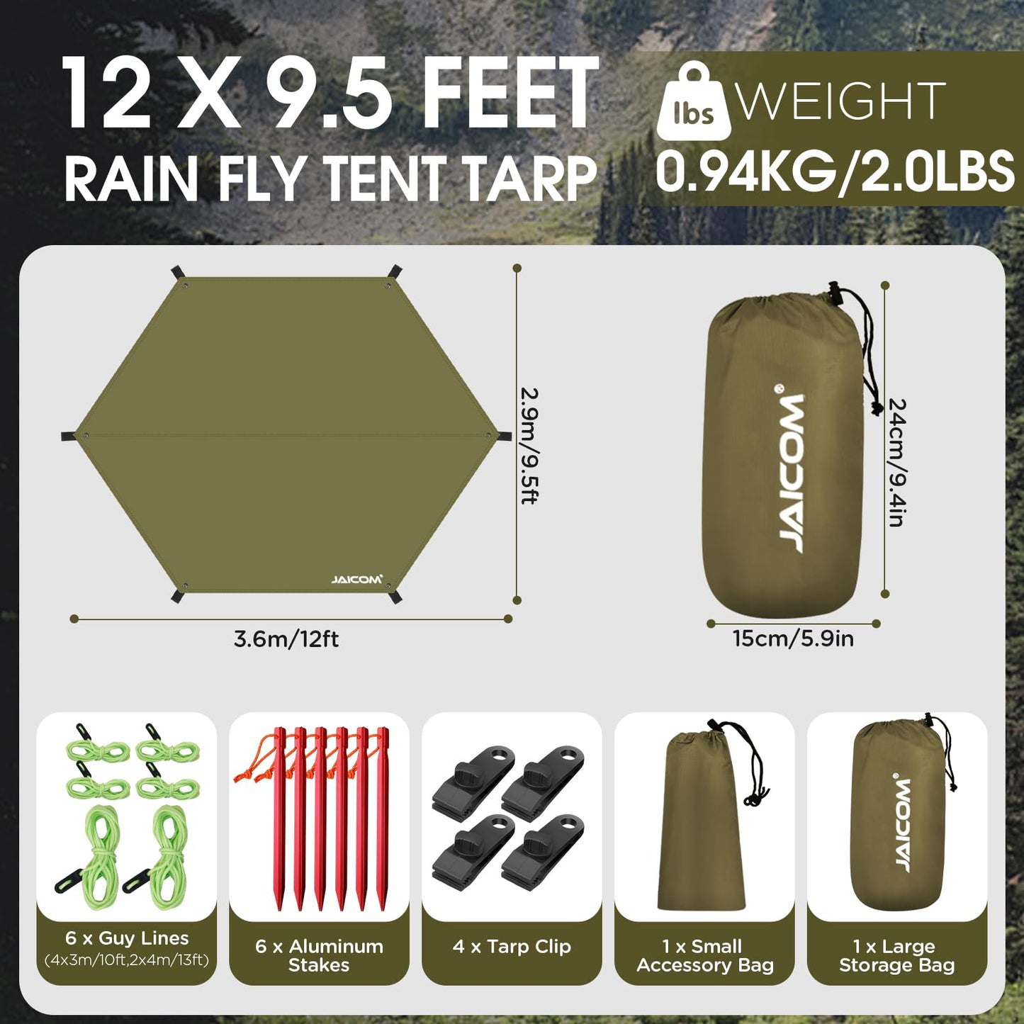 JAICOM Waterproof Hammock Rain Fly, 12ft x 9.5ft Portable Camping Tarp