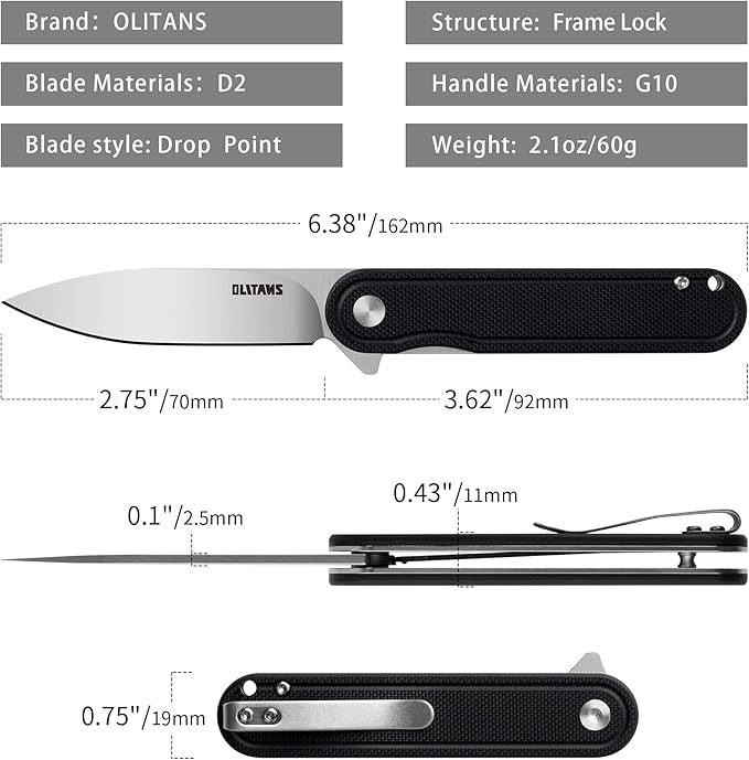 G040 Pocket Knife, 2.75'' D2 Steel Blade G10 handle, Small EDC Knife with Pocket Clip for Men Women, 2.1oz