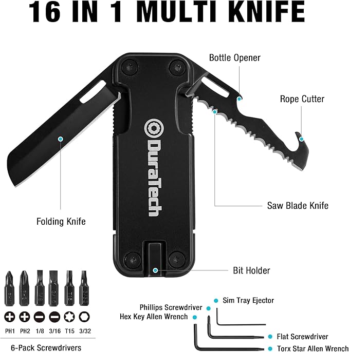DuraTech 16-in-1 Multitool Knife, Compact EDC Pocket Tool with Locking Blade, Magnetic Bit Holder, 6 S2 Screwdriver Bits, Bottle Opener & Rope Cutter ??Ideal for Camping, Hiking, Survival