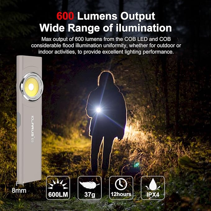 klarus E5 Pocket Flashlight, Rechargeable EDC Flashlight, Super Slim 4.2x1x0.3inch, 600 Lumens, USB-C Port, IPX4, Dual Light Source with Magnetic Base, Hat & Clothes Clip - Grey