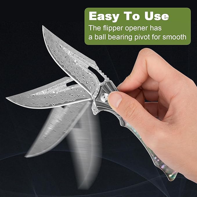 Damascus Pocket Knife for Women, 3.15" VG10 Damascus Steel Blade EDC Folding Knife with Sheath, Abalone Shells Handle, Ideal Gifts for Woman Men