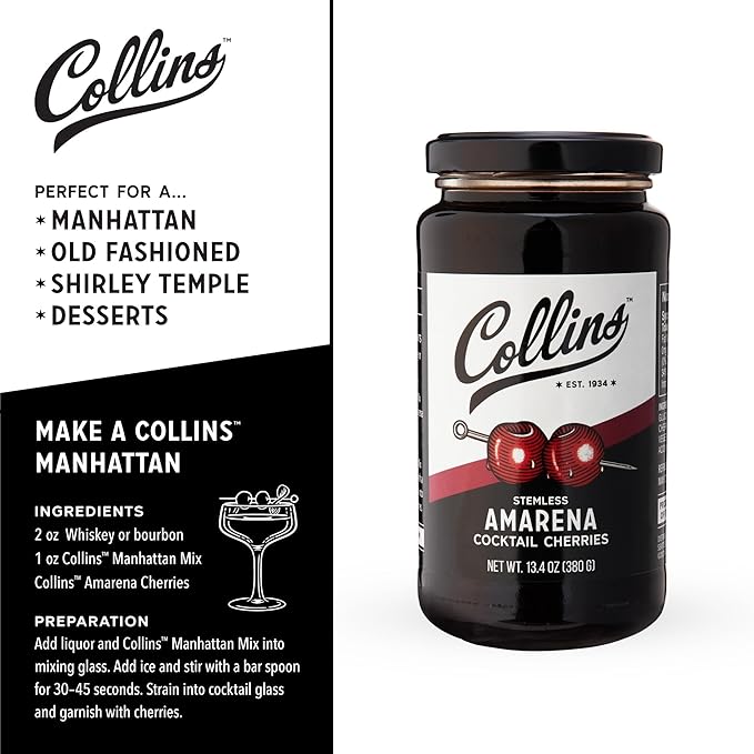 Collins Amarena Cherries in Syrup | Premium Garnish for Cocktails, Martinis, Old Fashioned, Manhattan, Chocolate, Dessert, Bourbon Accessories, 13.5oz