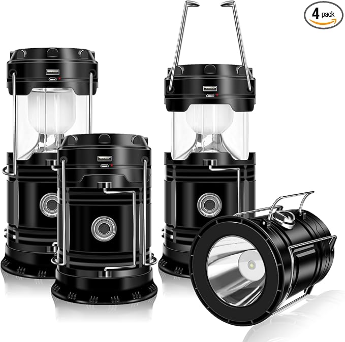 DIBMS 4-Pack Solar Camping Lantern, Collapsible LED Solar USB Rechargeable Lantern Flashlight Emergency Hanging Lights for Camping Hurricanes Power Outages Indoor Outdoor