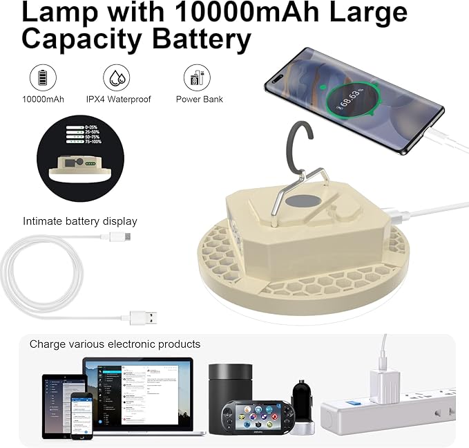 10000mAh Rechargeable 3000LM Tent Light Camping Light, 6500K 24Hours Long Play Time , Outdoor Night Market Light Night Fishing Light Emergency Lights for Hurricane Tsunami disasters (30W（Beige）)