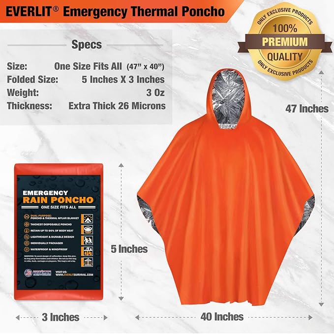 Everlit Survival Rain Poncho Emergency Mylar Space Blanket Camping Gear-Retain 90% of Body Heat Survival Gear for Survival Kits Camping Supplies Emergency Blankets