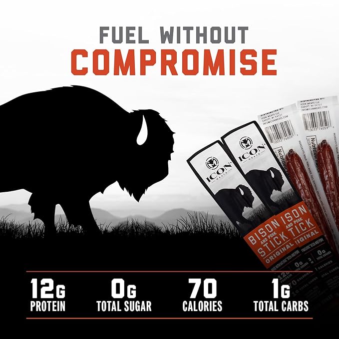 ICON Meats Bison and Pork Snack Sticks - Original Flavor - 24 Pack of Individually Wrapped Jerky Meat Sticks, USDA Approved, All Natural, Diet Friendly, High Protein, Low Calorie, Sugar Free