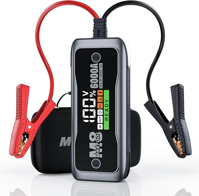 MOSTOOL M8 6000A Car Battery Jump Starter with Smart HD Display PD 60W Fast Charging, 12V Battery Jump Pack, Portable Jump Box with Jumper Clamps LED Light, Rugged Kit for All Gas & Up to 12.0L Diesel