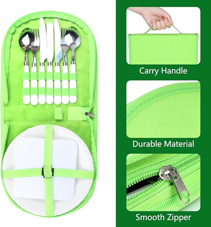 Camping Silverware Set with Case Utensil Camping Picnic Cutlery Kit Camping Mess Kit- 11 Pcs Mess Kit for 2 White Plate Spoon and Serrated Knife Fork