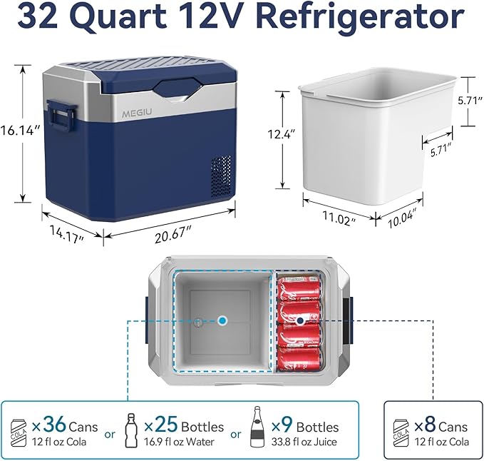 Car Fridge Portable 12V Refrigerator 32 Quart 12 Volt Freezer Compressor Cooler 12V/24V DC 110～240 V AC for Truck Van RV Camper SUV and Home Use