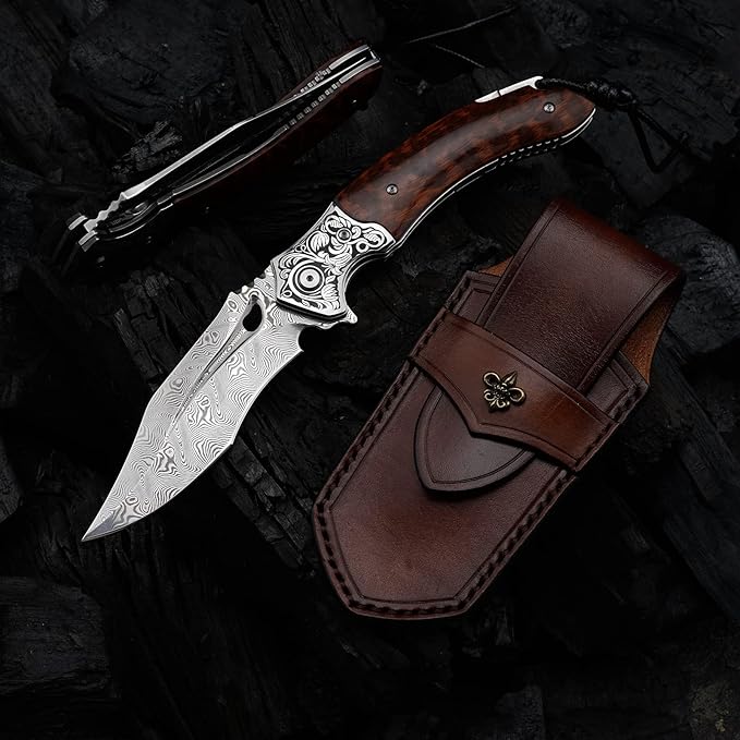 Japanese VG 10 Damascus Steel Folding Knife, Outdoor Wilderness Survival Pocket Knife, Snake Wood Handle Lined Lock, Leather Sheath, EDC Pocket Knife