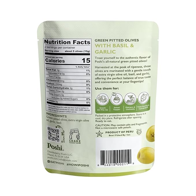 POSHI Green Pitted Olives - Basil & Garlic | Vegan, Kosher, Gluten Free + Keto Friendly, Fresh, Low Calorie Healthy Snacks | (30 Pack, 1.1oz Bags)