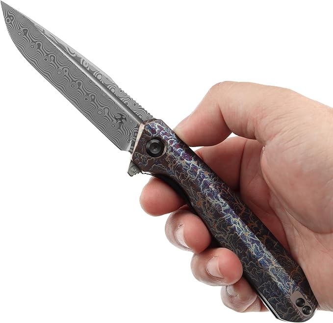 KANSEPT Qilin Pocket Knife, 3.24'' Damascus Sharp Blade, Titanium Lightning Strike Finish Handle for Edc, Flipper and Liner Lock with Double-Sided Clip, Men Camping Survival Folding Knives K1047A3