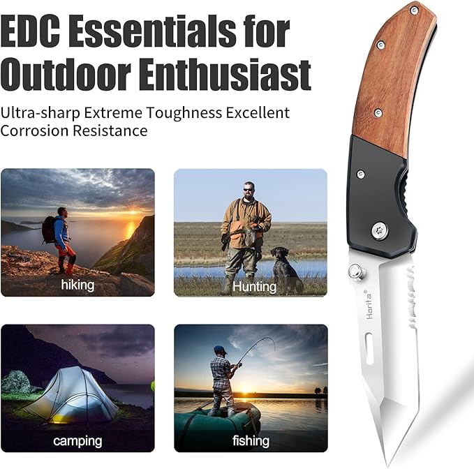 Harita Pocket Knife for Men, Folding Utility with Pocket Clip, Wood Handle EDC for Women with 3.4″ Sliver Serrated Steel Blade, Camping Knife, Hunting, Hiking - Father's Day Gift (Sliver, 3.4 inch Half Serrated Blade)