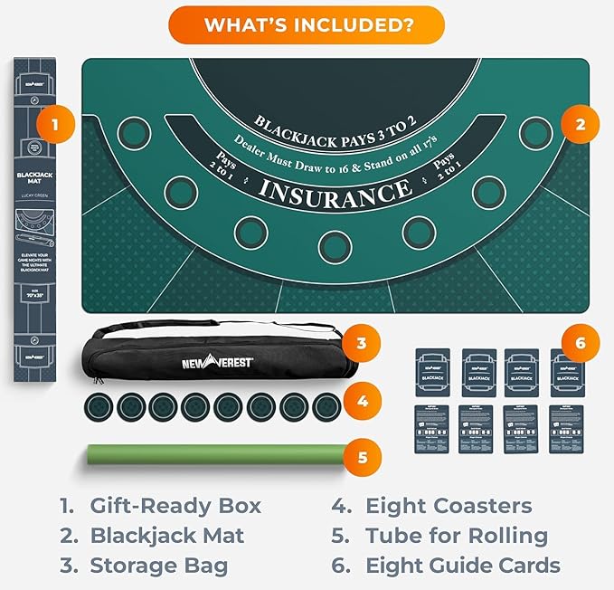 Newverest Blackjack Mat 70" x 35", Blackjack Table Top for Home Game Nights with Friends | Black Jack Casino Table Topper, Poker Mat Layout in Zipper Storage Bag with 8 Coasters in Gift-Ready Box