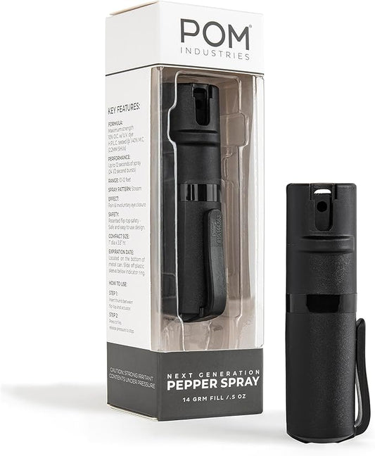 POM Pepper Spray Pocket Clip, Quick Flip Top Safety, Maximum Strength OC Formula with UV Marking