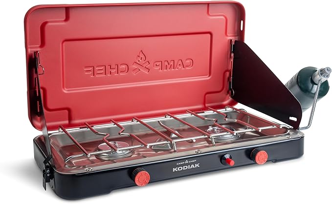 Camp Chef Mountain Series Kodiak - High Outpt Two-Burner Camp Stove - Lid Doubles as Windscreen - Portable Cooking Stove - For Outdoor Cooking - 20,000 BTU?™s