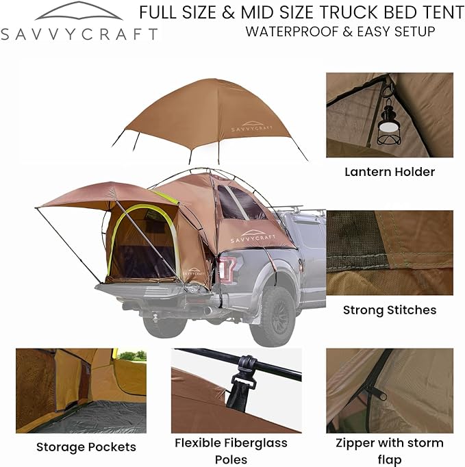 Savvycraft Pickup Truck Tent for Full Size and Mid Size Truck Short Bed and Long Bed, Waterproof P3000mm 2-Person Double Layer Truck Bed Camping Tent, Expandable Awning, Rainfly, Storage Bag Included
