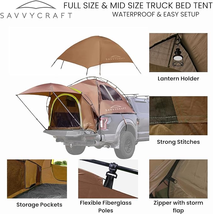 Savvycraft Pickup Truck Tent for Full Size and Mid Size Truck Short Bed and Long Bed, Waterproof P3000mm 2-Person Double Layer Truck Bed Camping Tent, Expandable Awning, Rainfly, Storage Bag Included