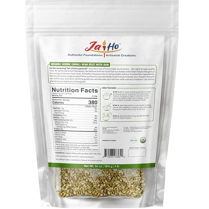 Jai Ho Certified Organic Kabuli Chana Garbanzo Beans 4 lb | Chickpeas Lentils | Indian Kabuli Chole Chana | USDA Organic | Non-GMO | Chemical-Free | Premium Quality Kosher (4 Pound, Moong Dal (With Skin))