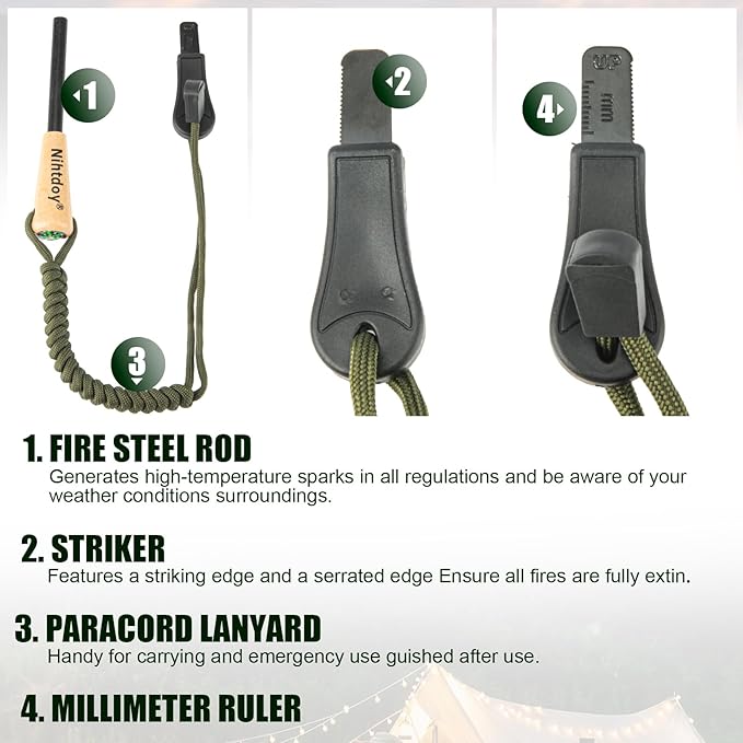 Ferro Rod Fire Starter – Carbon Steel Striker & Compass-Integrated Wooden Handle | Flint and Steel Survival Tool for Camping, Hiking, Emergency