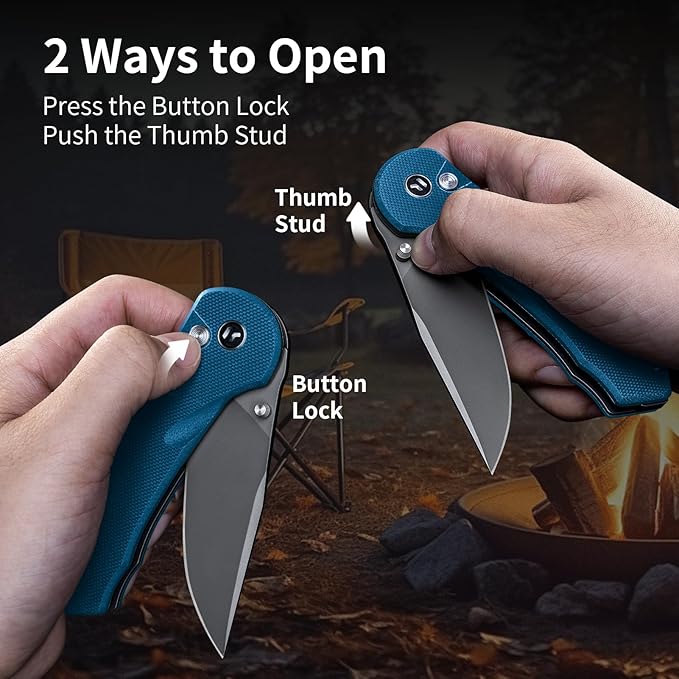 Button Lock Pocket Knife with 2.85 inch VG10 Steel Blade G10 Handle, Folding Knife for EDC, Blue