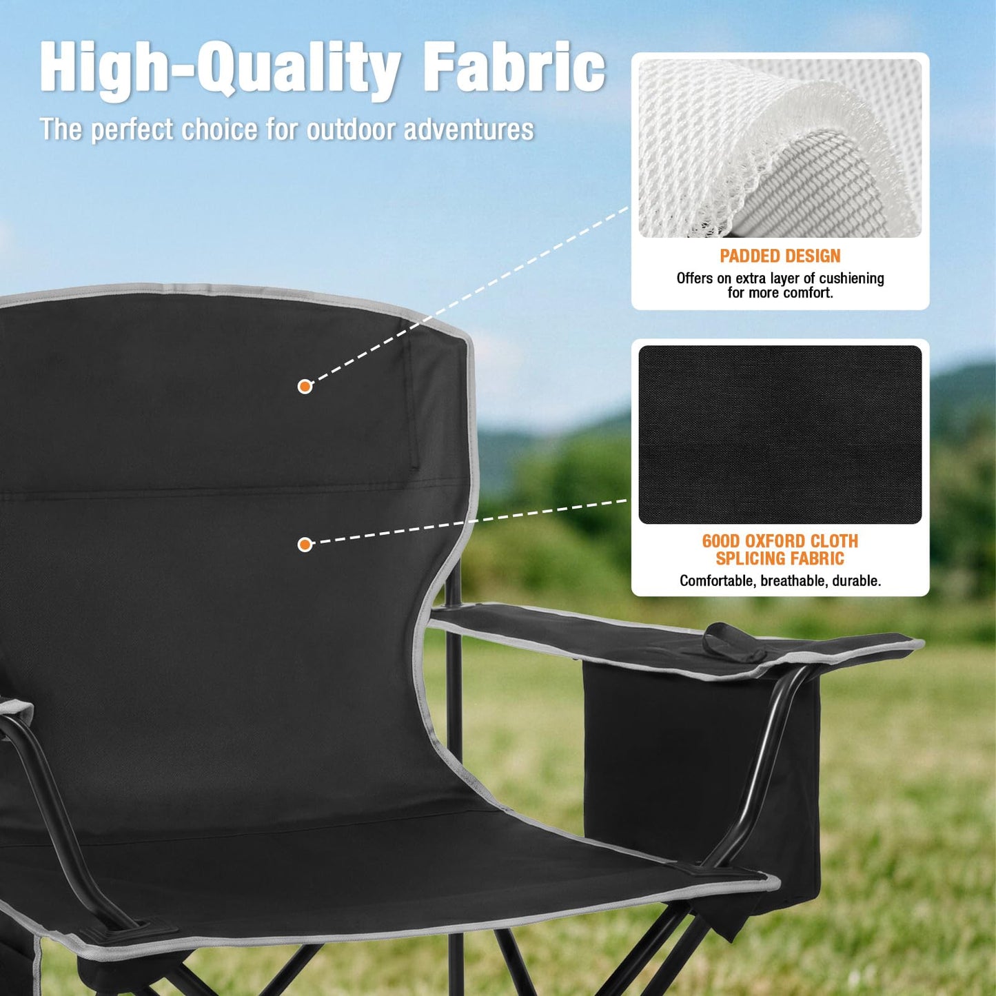 Romswi Lightweight 2Pcs Camping Chairs for Adults, Folding Lawn Chair with 4-Can Cooler Bag, Cup