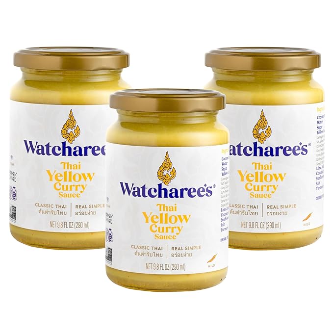 Watcharee's Thai Yellow Curry Sauce, Authentic Handcrafted Recipe, Vegan, Non-GMO, Gluten-Free - Pack of 2, 9.8 fl oz Per Jar