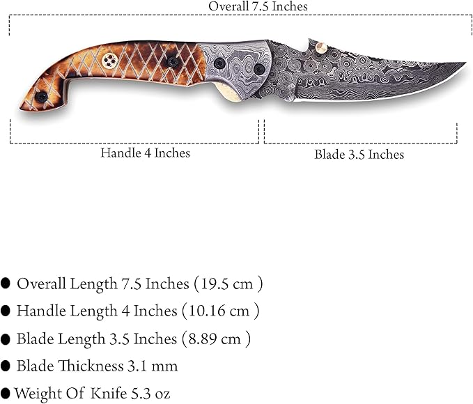 Handmade Damascus Folding Knife for Men with Burn Bone, 7.5 inch Pocket Knife with Sheath,Tactical Camping Knife with Liner Lock for Outdoor, Survival, Hunting, Fishing,