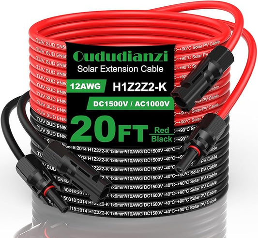 Oududianzi Solar Extension Cable 20Ft, Solar Wire 12AWG, Tinned Cooper PV Wire, Solar Panel Wires and Connectors for Photovoltaic Systems, Set of 2