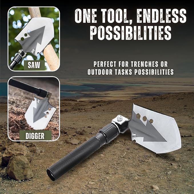 Shovel 13 in 1 Multi-Tool with a Wire Cutter, Wood Cut, Wood Saw, Screwdriver, Fire Starter, and Other Great Features (Charcoal Grey)