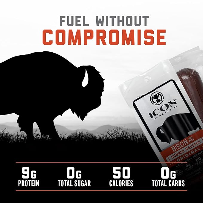 ICON Meats Summer Sausage - Bison and Pork Original Flavor - 4 Pack of Individually Wrapped Meat Sausages, USDA Approved, All Natural, Diet Friendly, High Protein, Low Calorie