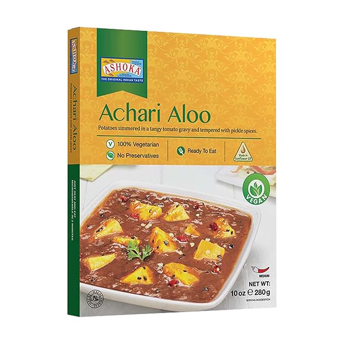 Ashoka Heat & Eat Entrees 1932, Plant-Based Pickled Cooked Potatoes, All-Natural, Real Achari Aloo, Kosher Certified, Microwave Ready Indian Cuisine, Gluten-Free with No Preservatives, Pack of 1