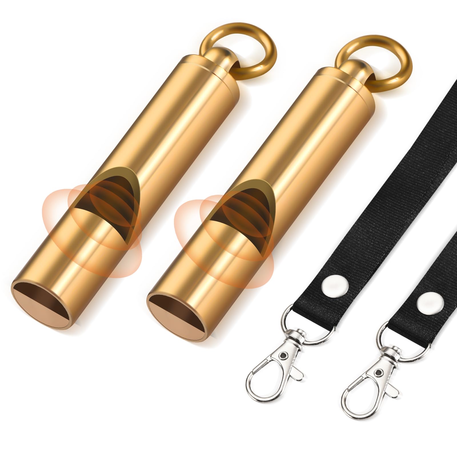 Upeckaroo Brass Emergency Whistles 2 Pack with Tangle-Free Lanyard - Pealess Safety Whistle