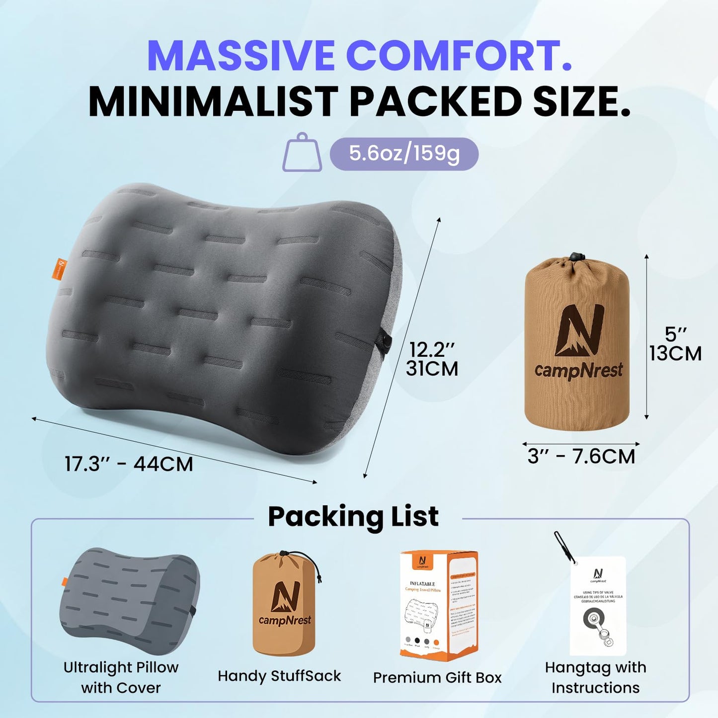 Inflatable Camping Pillow - Ultralight Compact Air Pillow for Travel, Backpacking & Hiking