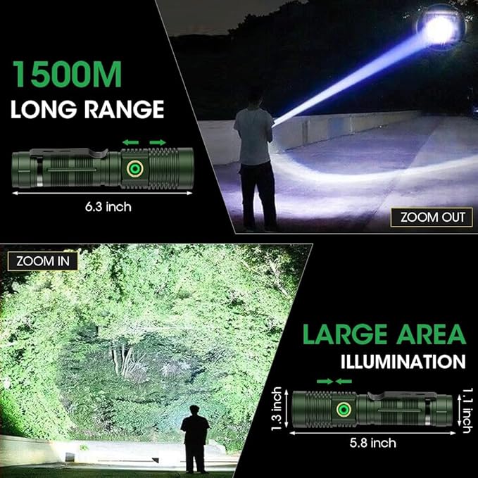 Rechargeable Flashlight High Lumens, High Lumens Super Bright Magnetic Flash Light, Long-Range Zoomable LED Flashlights for Emergency, Waterproof Flashlight Dimmable, Green,1PC