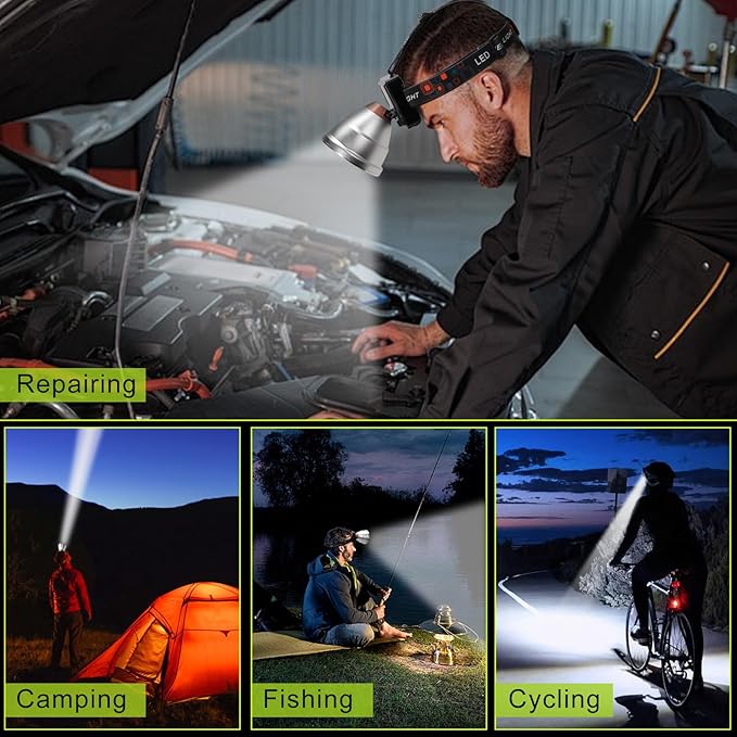 Rechargeable LED Headlamp with Flood and Spot Beam, Power Display, 4 Lighting Modes, Ultra Bright High Lumen Waterproof Head Torch for Camping, Running, Hiking, Fishing, Hunting, Outdoor Activities