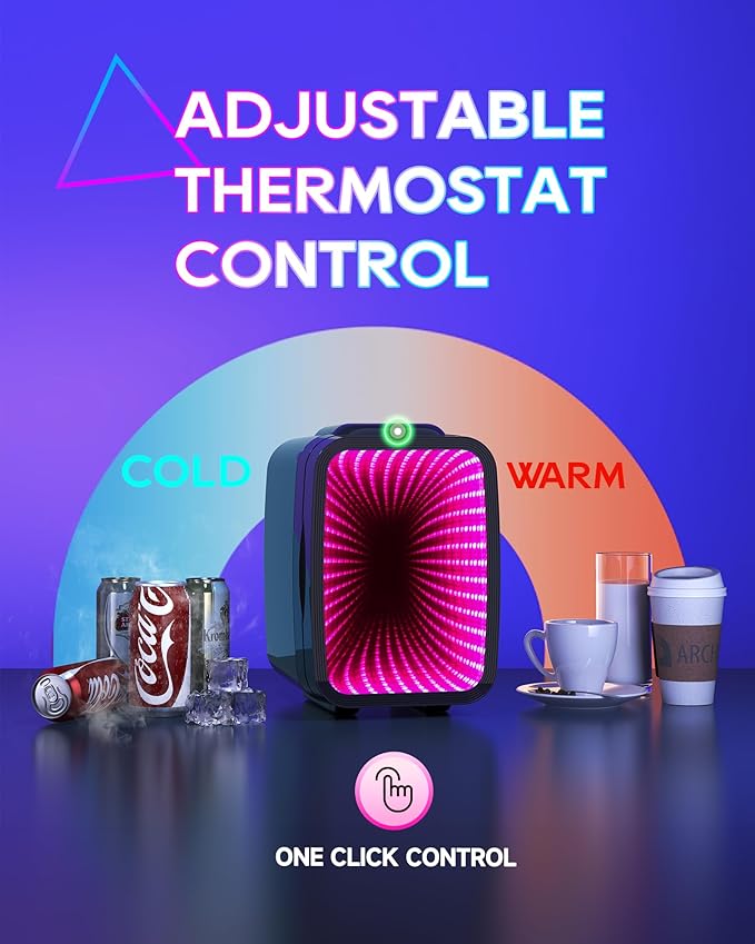 Mini Fridge, 4 Liter/6 Cans Small Refrigerator With Dimmable LED Light,AC/DC Portable Thermoelectric Cooler and Warmer Gaming mini fridge for Bedroom,Office,Gaming room and Car (Black)
