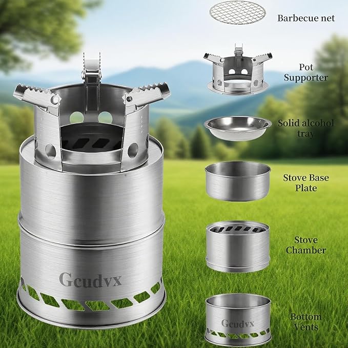Mini Wood Burning Camping Stove Windproof Anti-Slip Portable Stainless Steel Wood Burning Compact for Outdoor Cooking Backpacking Survival