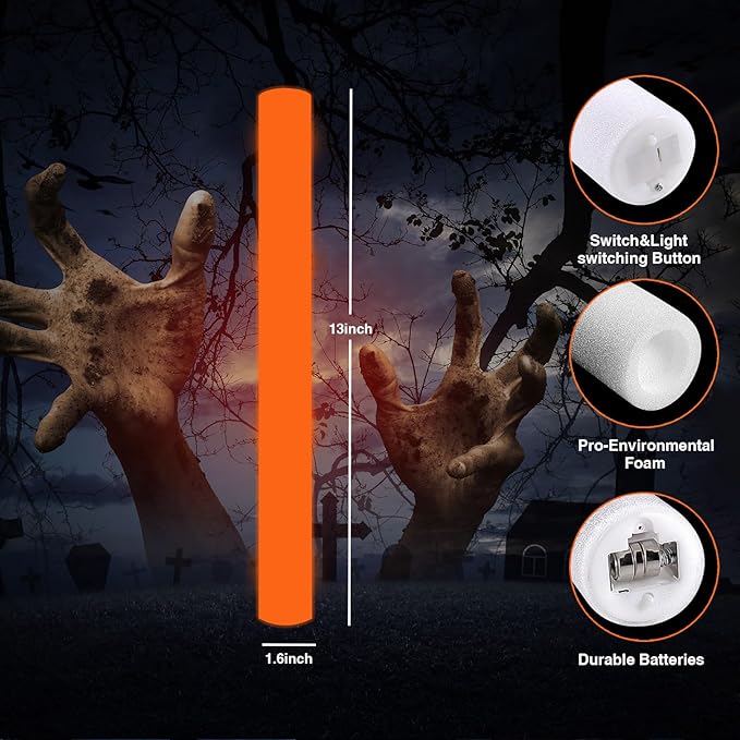48Pack LED Glow Foam Sticks Bulk,Light Up Glow Sticks with 3 Flashing Modes,Orange Glow Wands Party Pack,Glow In The Dark Party Supplies for Halloween,ThanksGiving Day,Christmas,Birthday
