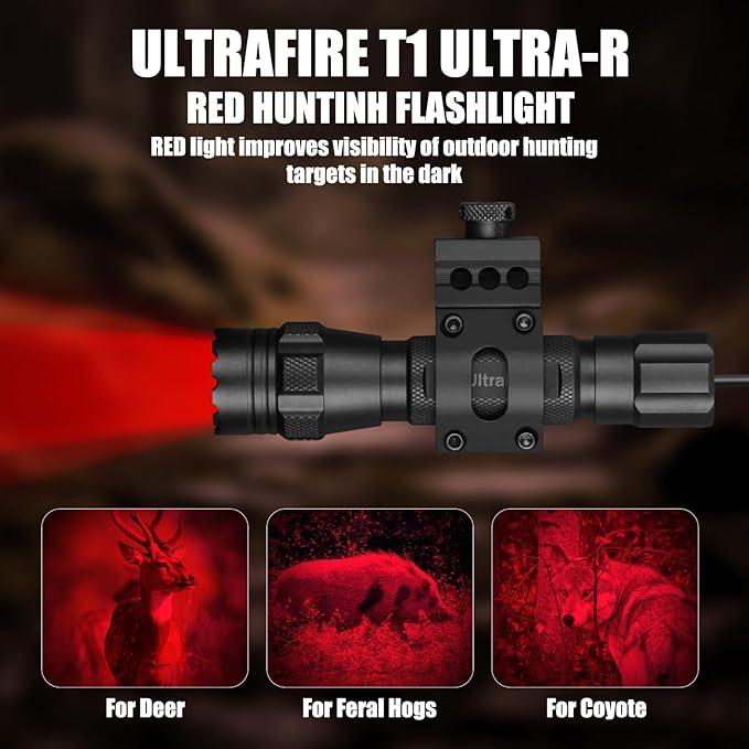 ULTRAFIRE Tactical Red Flashlight, 620nm-630nm High Purity Red LED Hunting Light,Super Bright 218 Yards Long Range Single Mode for Night Observation & Coyote Hog Predator (T1 Ultra-R)