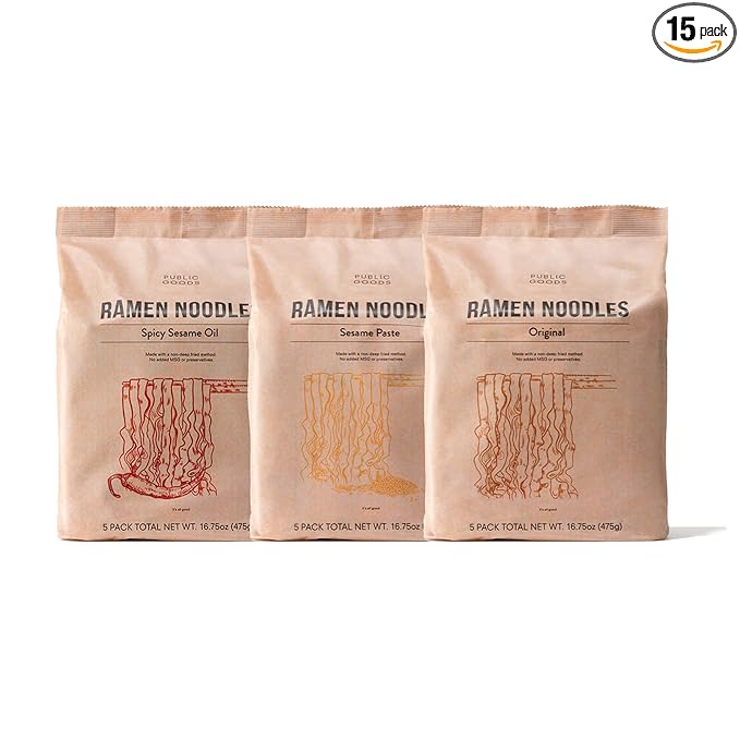Public Goods Ramen Noodles | Brothless Vegan & Vegetarian Instant Ramen | Healthy, High Protein Asian Noodle | Preservative Free | No Added MSG | Original, Sesame Paste & Spicy Sesame Oil (15 Pack)