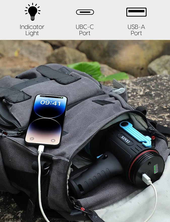 XINXI Rechargeable Spotlight with COB Floodlight, 6 Light Modes and USB Charger for Hiking, Boating, Hunting, IP67 Waterproof Handheld Flashlight with red Filter(Blue)