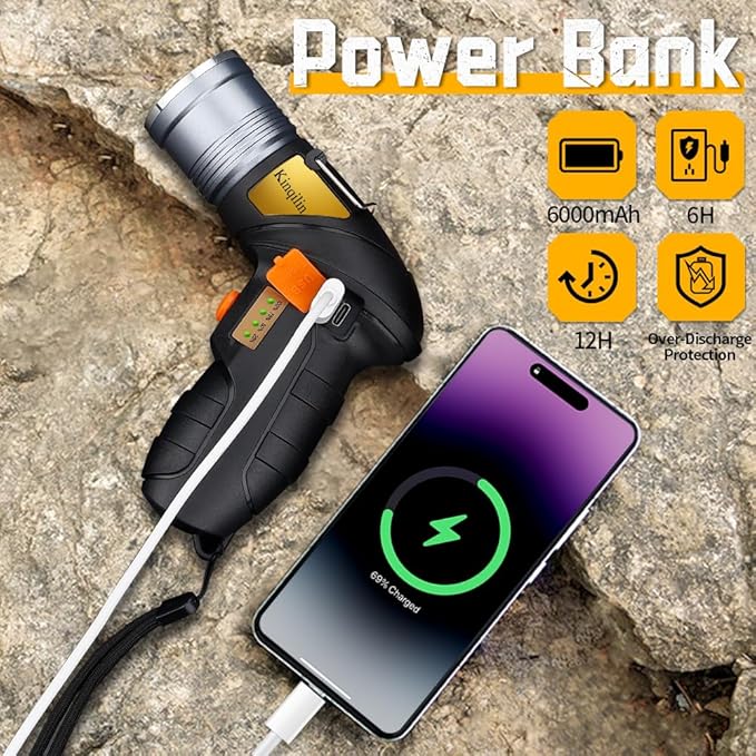 Rechargeable Spotlight with Adjustable Focus,2000LM,12H Long Lasting Handheld Spotlight with Foldable Stand Spot Lights IP67 Waterproof Outdoor for Camping Hunting Boating Emergency