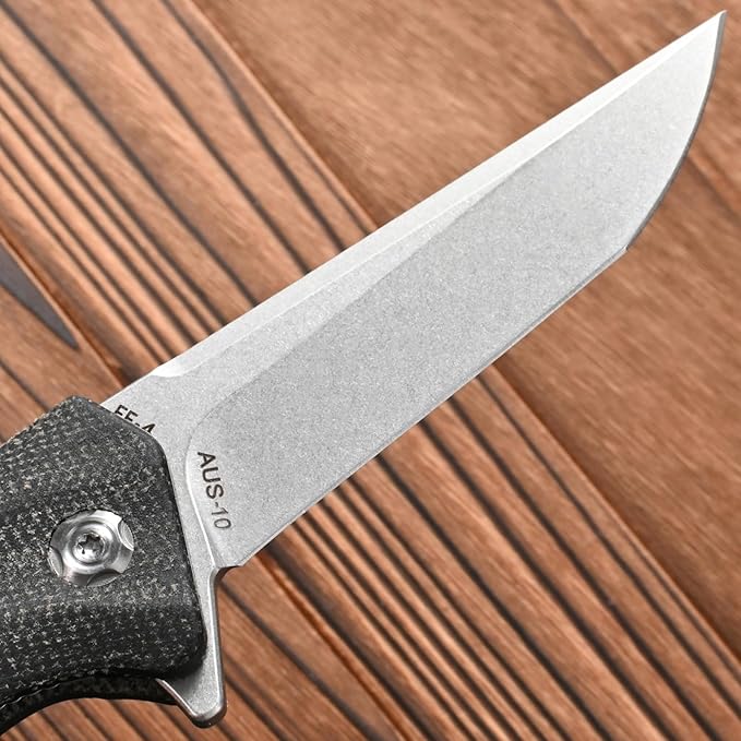 FF4 Folding Knife, AUS-10 Steel Blade Micarta Handle Knife for Outdoor Camping Hunting Fishing Survival(Black)