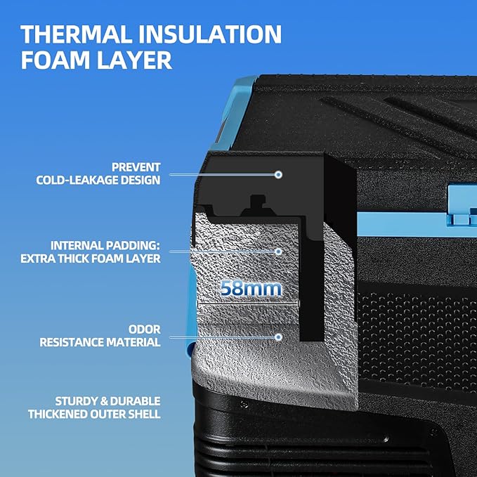 45L Car Refrigerator Freezer, -4℉~68℉ 48QT Single Zone Portable Compressor Cooler with Reversible Door, Battery Slot, All-Terrain Wheels, 100–240V AC / 12V / 24V DC Powered, LED Light – Ice Blue