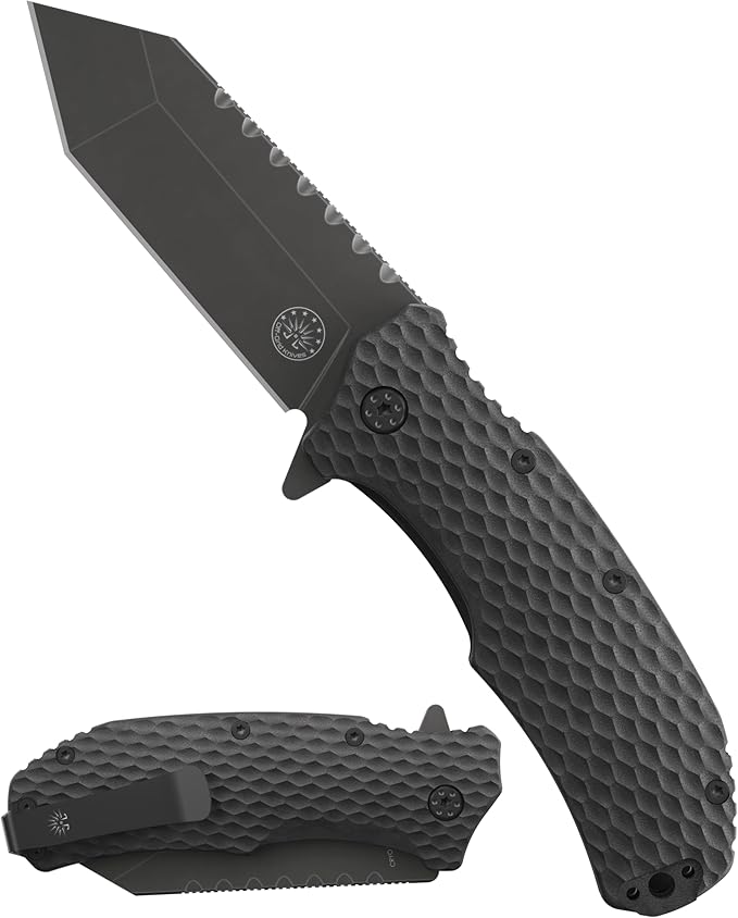 Off-Grid Knives - Rapid Fire Viper, Assisted Tanto Blade, Hard Use Build, Tactical, Camping & Survival EDC, Cryo D2 Steel, Blackwash, G10 Scales, Deep Pocket Carry (Blackout)